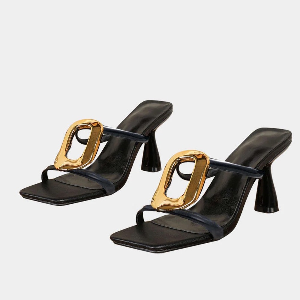 Black Sculpted-Heel Slide Sandals with Gold Accent
